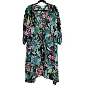 True Destinations Boho Tropical Floral Bird Print Beaded Tassel Kimono Size XL
